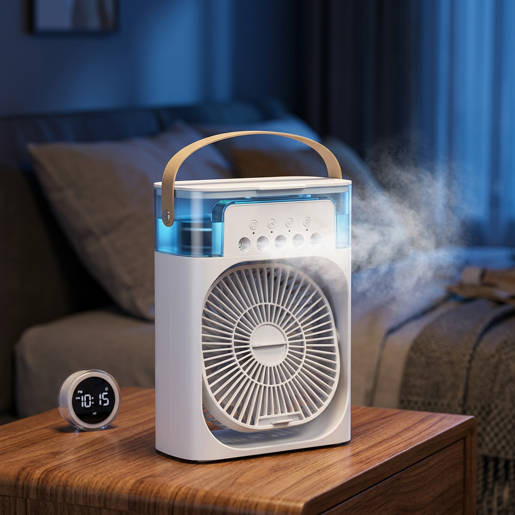 Ventilateur humidificateur blanc posé sur une table de chevet, brume visible